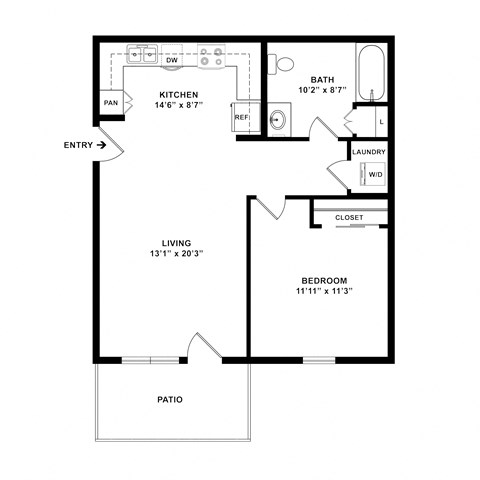Floor plan for 1 bed, 1 bath, 681 sqft